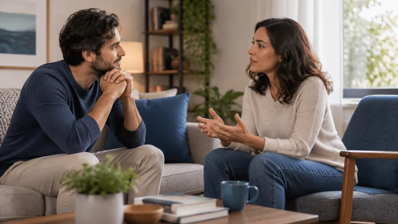 Duas pessoas adultas praticam escuta atenta durante uma conversa difícil sobre sentimentos.