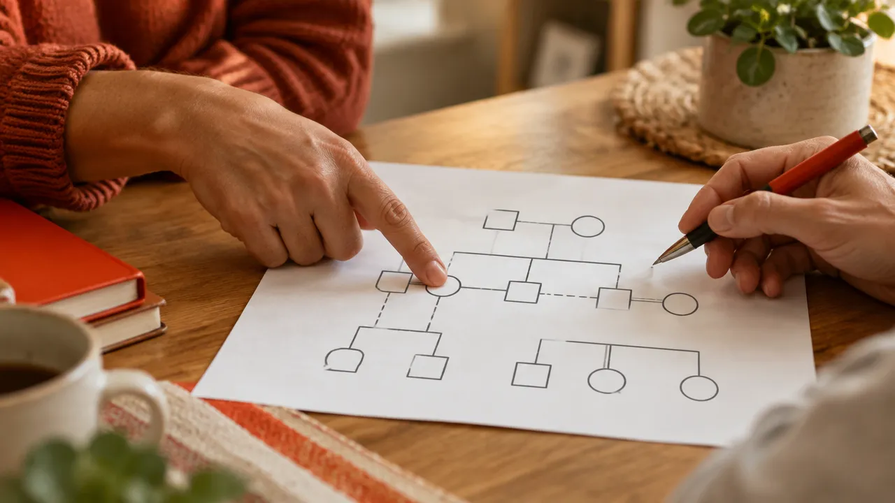 Duas pessoas analisam juntas um genograma desenhado em três gerações, com formas e linhas que representam parentescos e vínculos.