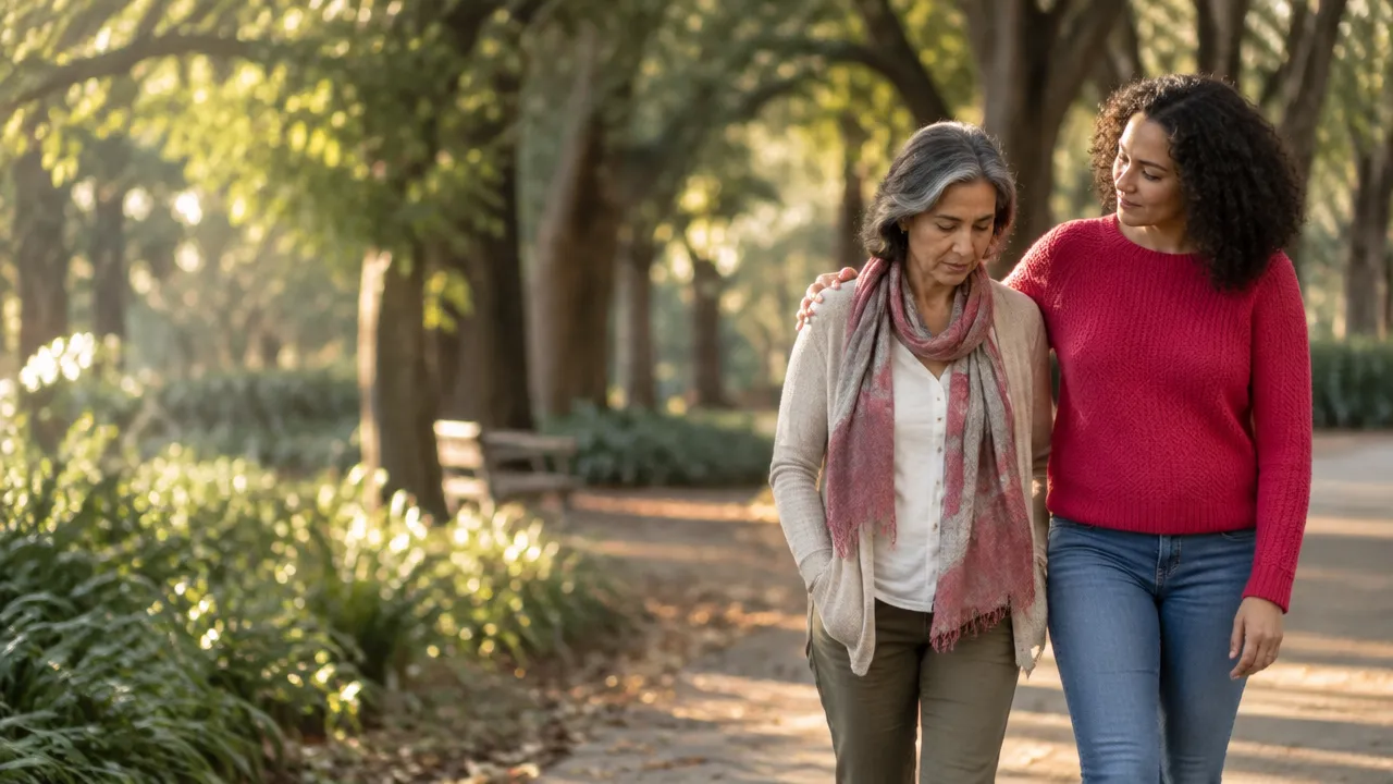 Duas pessoas caminham juntas em um parque, uma oferecendo companhia e apoio durante o luto.