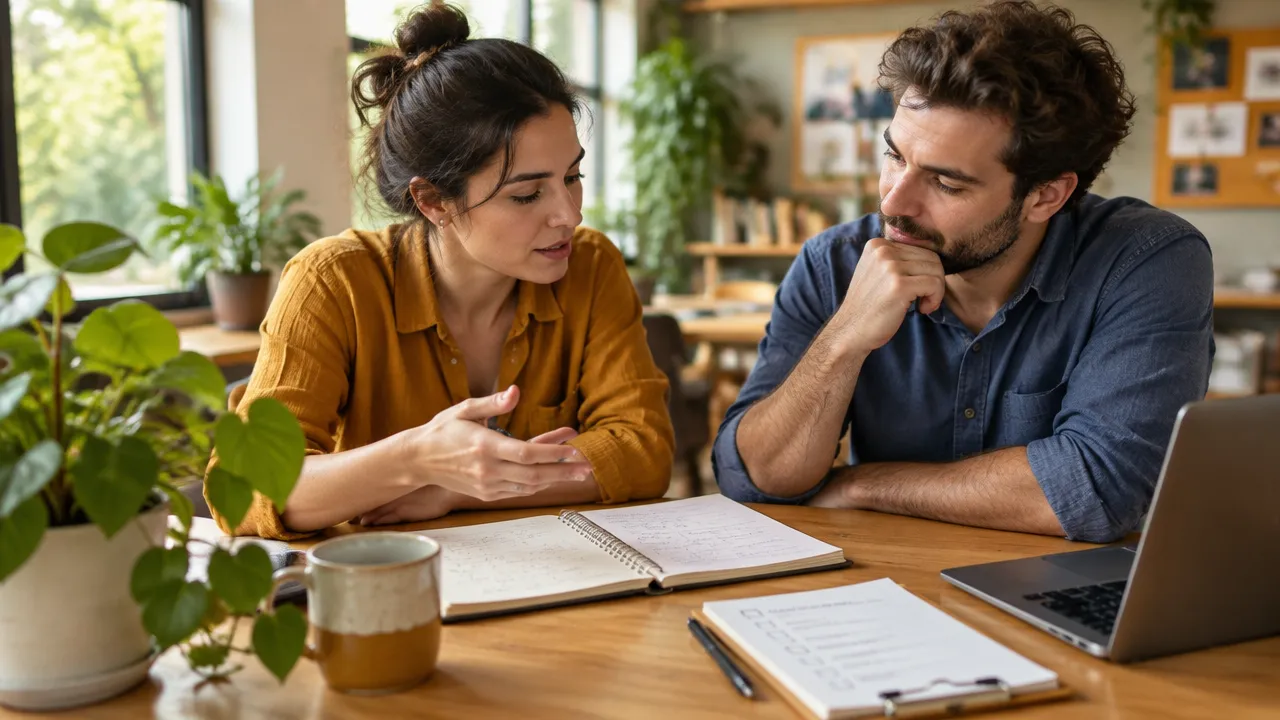 Duas pessoas colaborando com atenção em um projeto, representando relações, propósito e engajamento