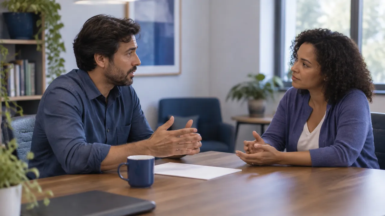 Duas pessoas conduzem uma conversa difícil com escuta atenta e postura respeitosa