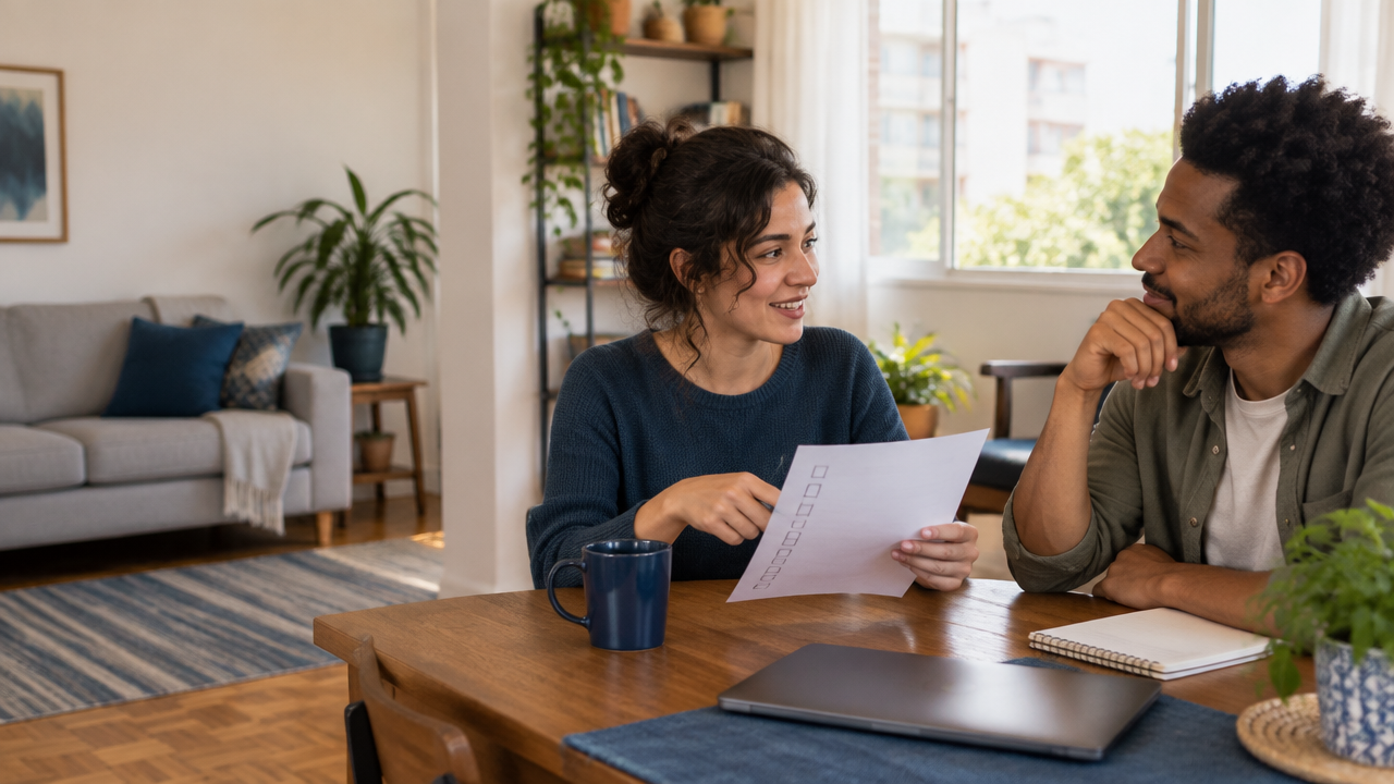 Duas pessoas conversam à mesa de um apartamento compartilhado para avaliar se combinam como colegas de casa