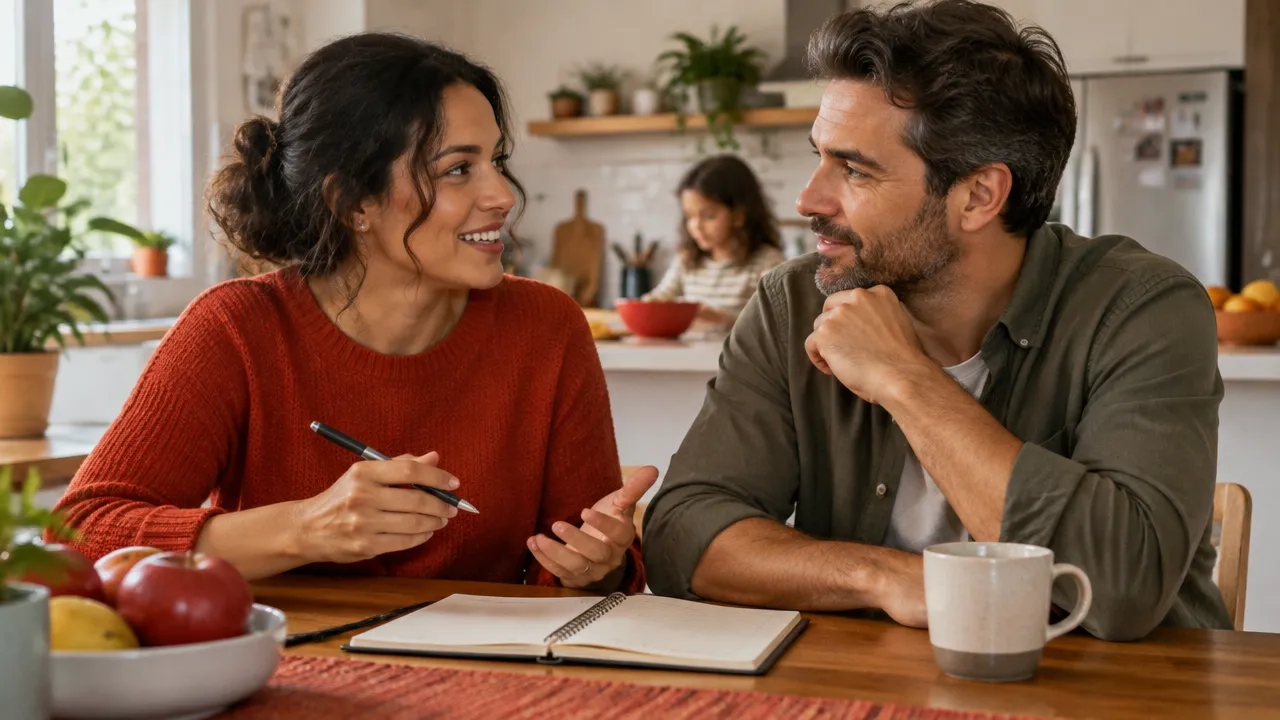 Duas pessoas conversam à mesa e registram combinados cotidianos em um caderno