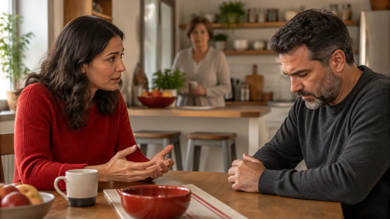 Duas pessoas conversam à mesa enquanto a postura e os olhares sugerem tensão não expressa