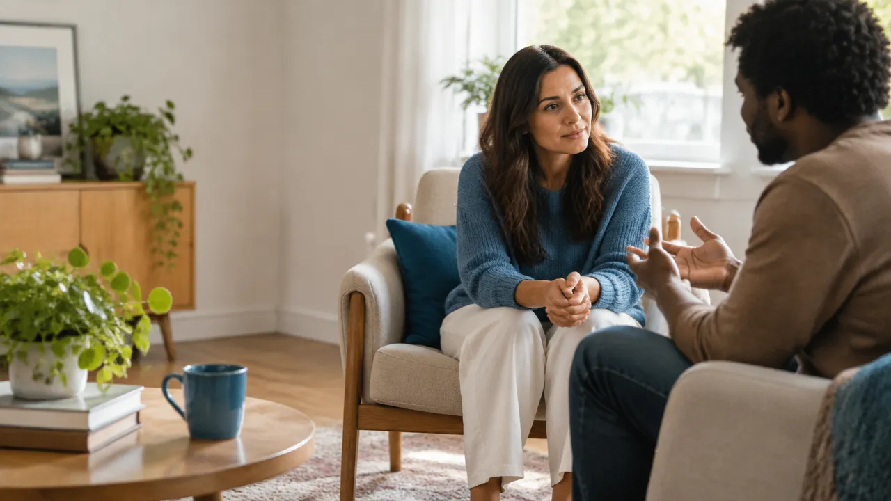 Duas pessoas conversam com atenção e acolhimento em um ambiente tranquilo