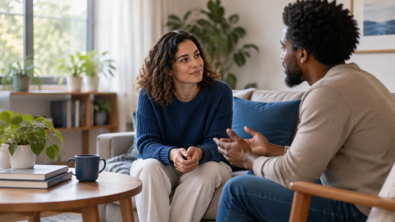 Duas pessoas conversam com atenção e acolhimento, representando autocuidado e vínculos que apoiam a saúde mental.