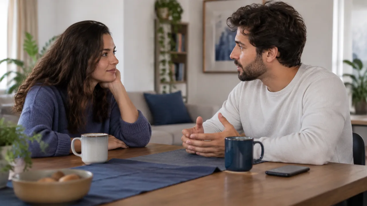 Duas pessoas conversam com atenção e calma, com o celular deixado de lado, ilustrando comunicação clara e presença emocional.
