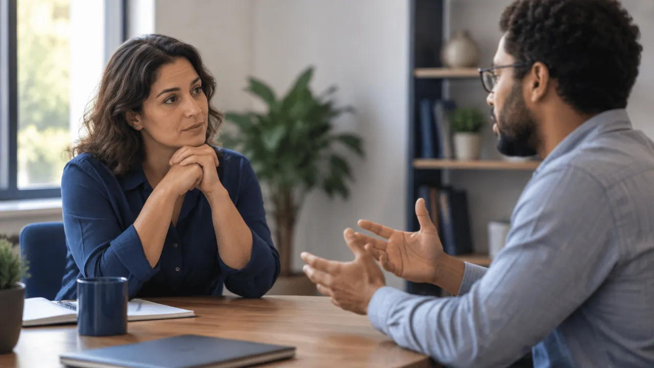 Duas pessoas conversam com atenção e calma durante um diálogo difícil