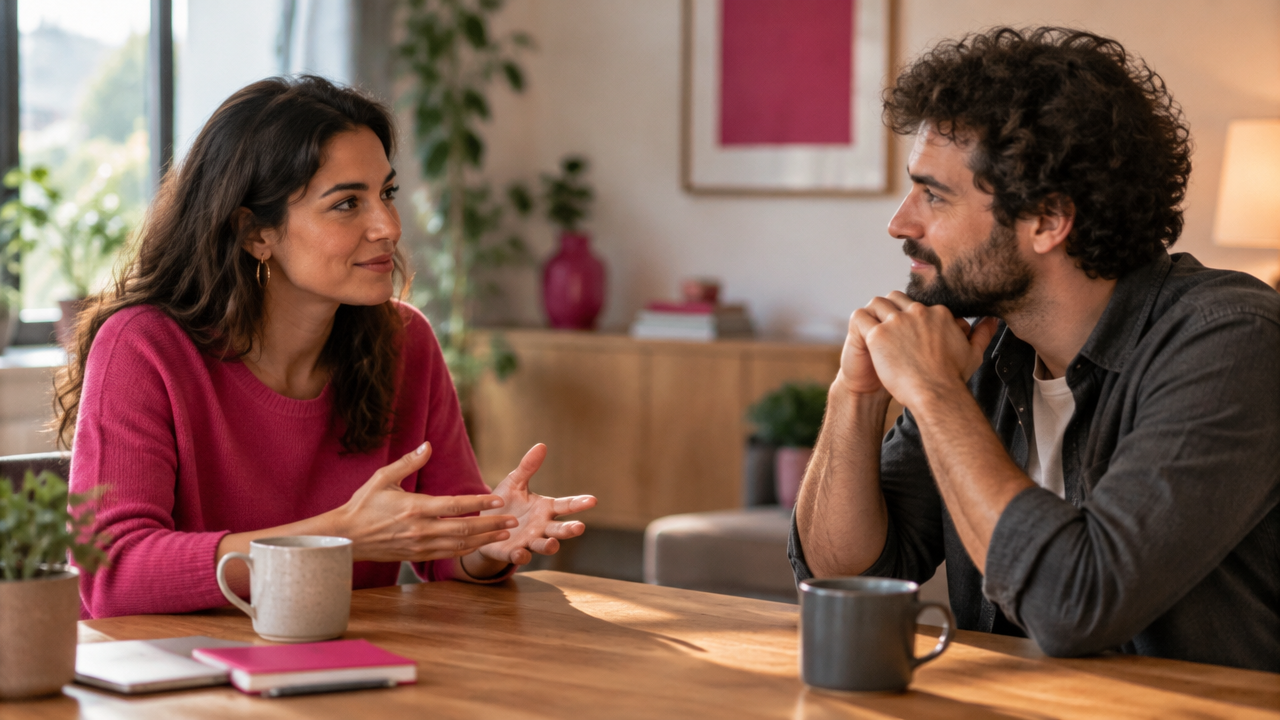 Duas pessoas conversam com atenção e empatia em um ambiente acolhedor