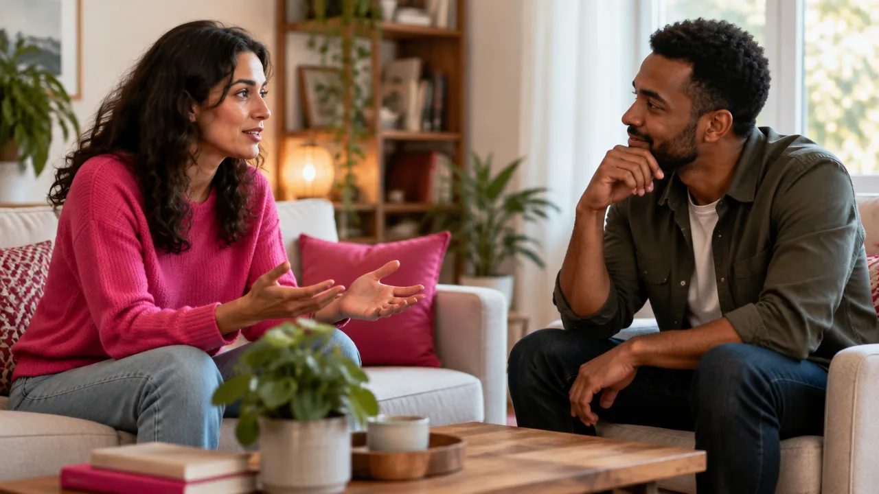 Duas pessoas conversam com atenção e empatia em um ambiente acolhedor