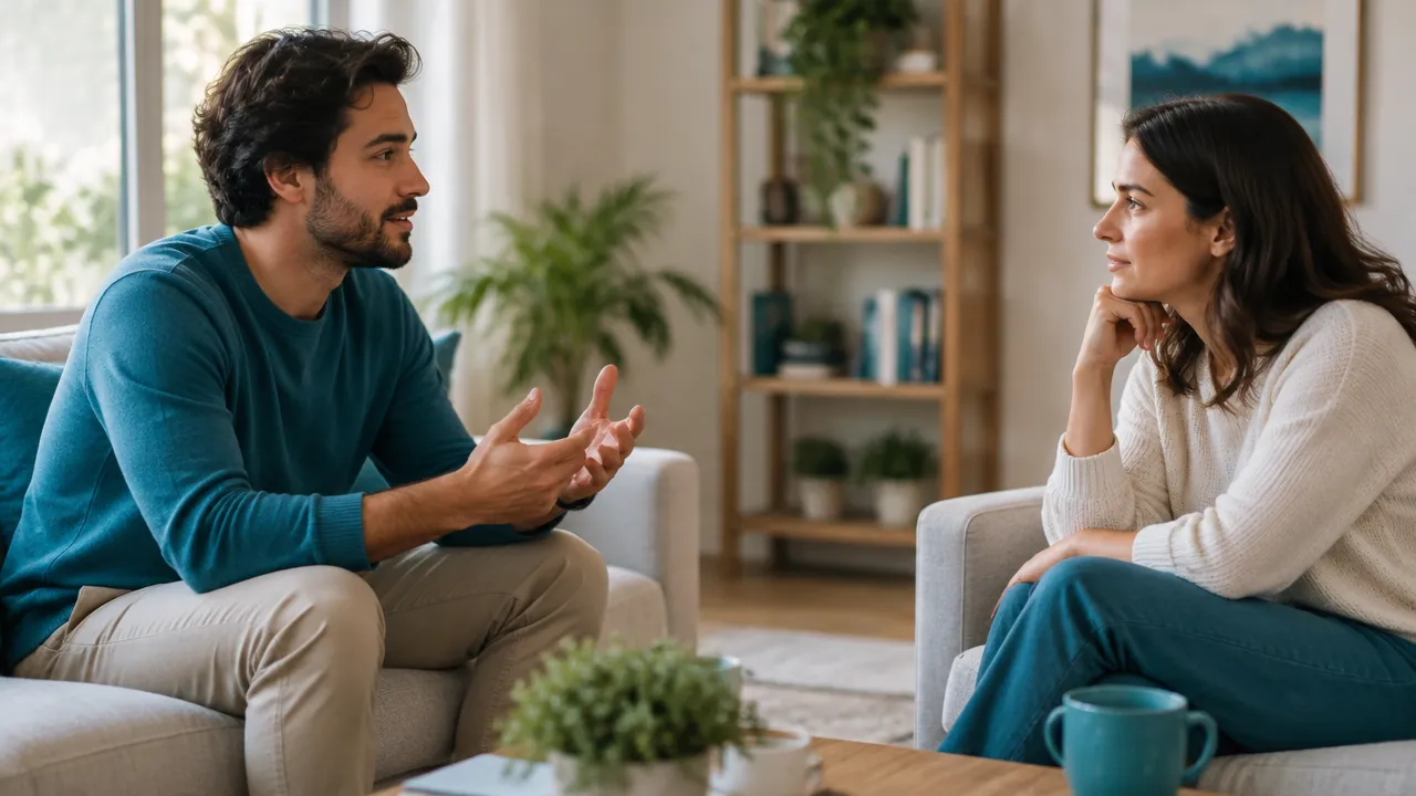 Duas pessoas conversam com atenção e empatia em um ambiente acolhedor