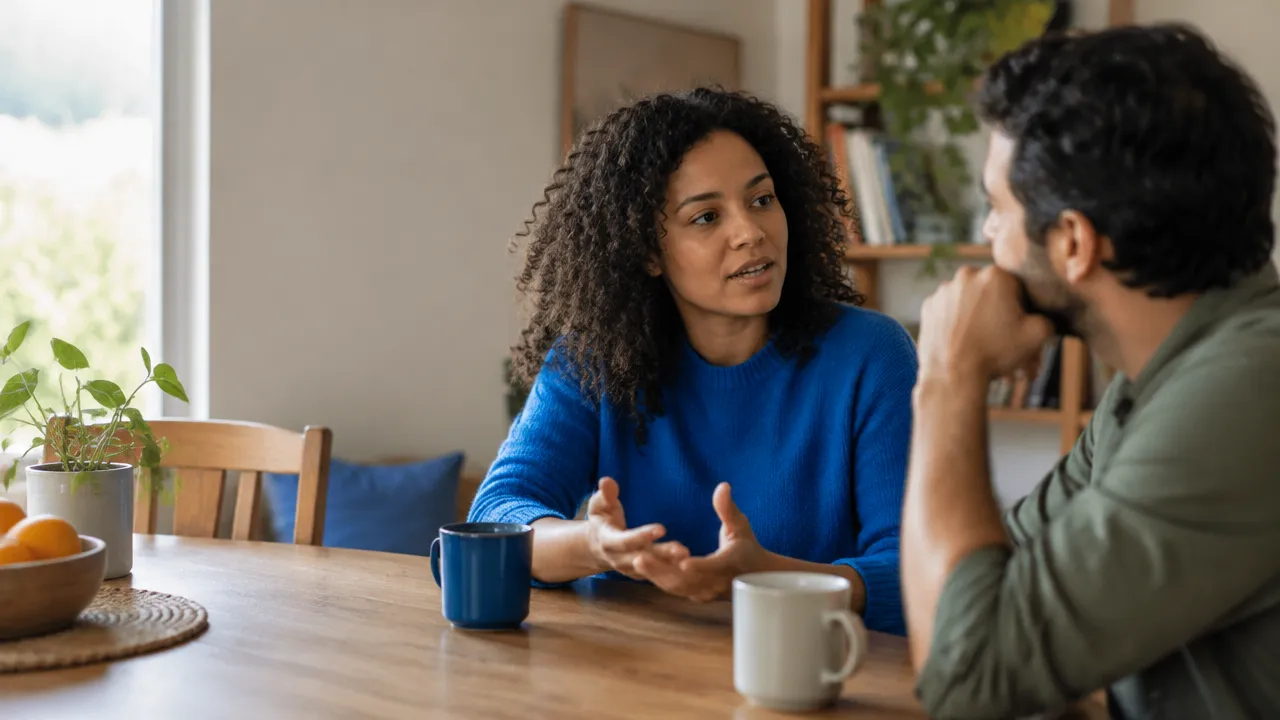 Duas pessoas conversam com atenção e escuta empática em um ambiente acolhedor