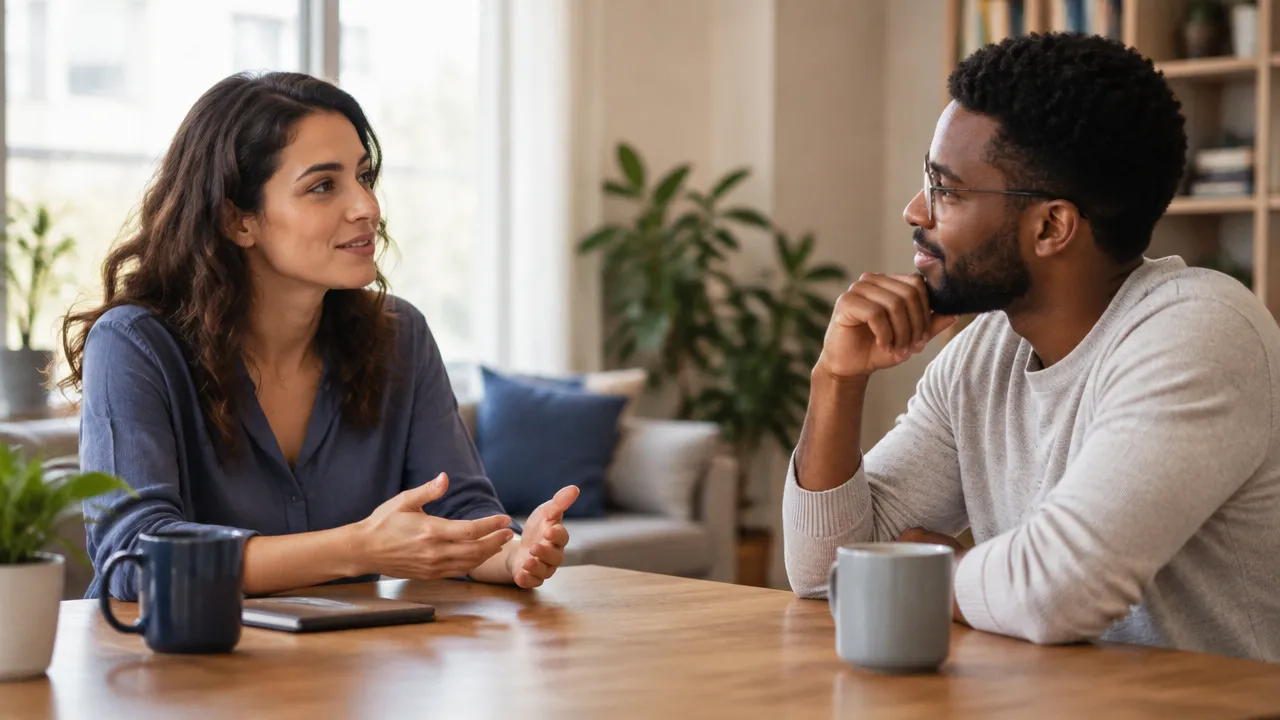 Duas pessoas conversam com atenção e escuta empática em um ambiente acolhedor