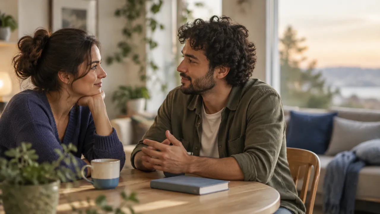 Duas pessoas conversam com atenção e proximidade emocional em um ambiente acolhedor