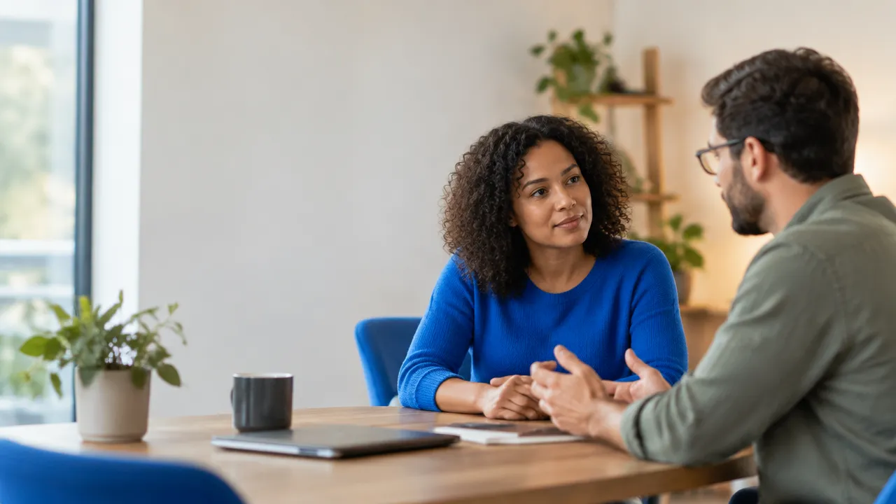 Duas pessoas conversam com atenção e respeito após uma crítica, em um ambiente de trabalho iluminado por luz natural.