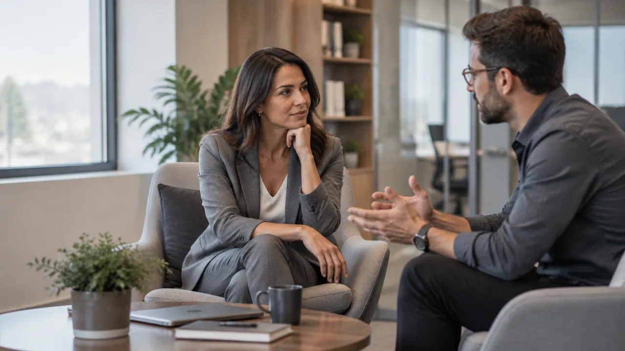 Duas pessoas conversam com atenção e respeito durante uma troca de feedback no trabalho