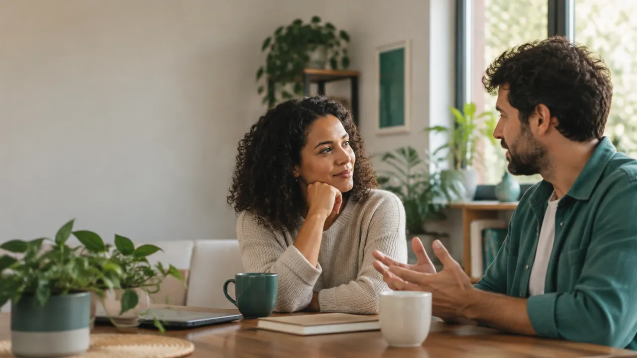 Duas pessoas conversam com atenção e respeito em um ambiente acolhedor