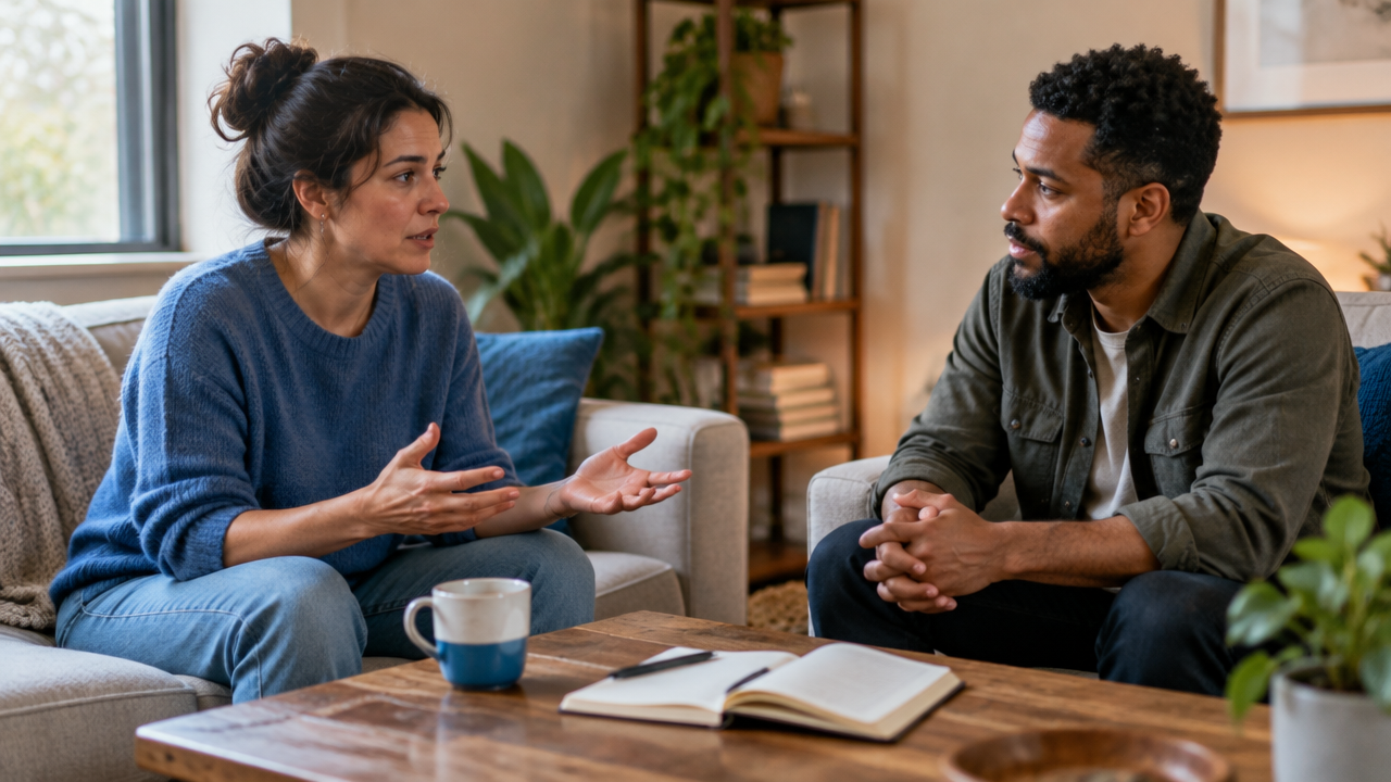 Duas pessoas conversam com atenção e respeito, ilustrando a espiritualidade traduzida em presença e responsabilidade nas relações.