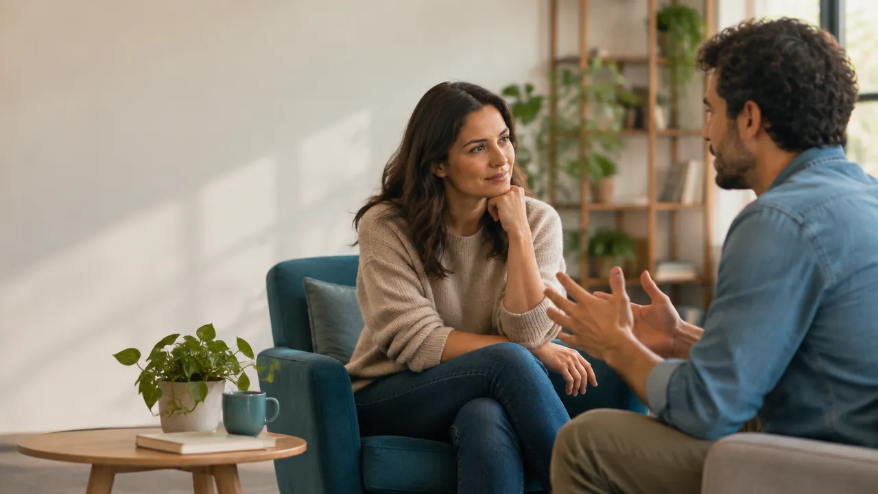 Duas pessoas conversam com atenção e respeito, ilustrando como a inteligência emocional fortalece a convivência