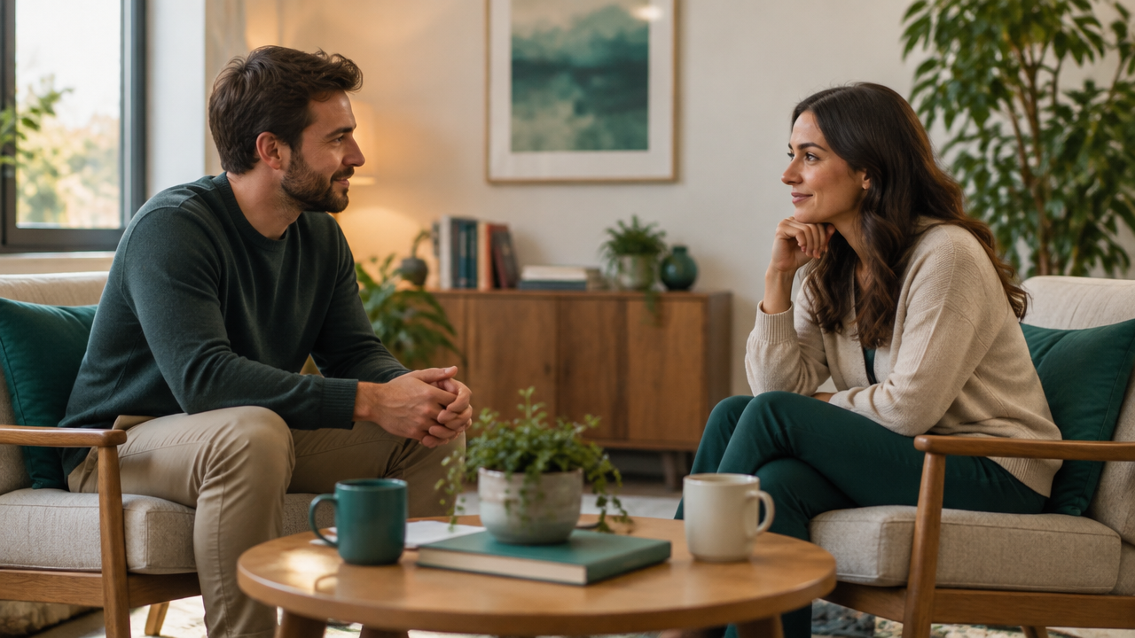 Duas pessoas conversam com atenção e respeito mútuo sobre equilíbrio e reciprocidade na relação