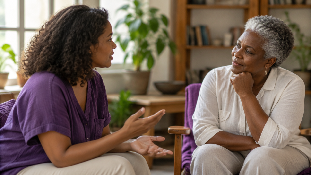Duas pessoas conversam com atenção em um ambiente tranquilo sobre orientação religiosa