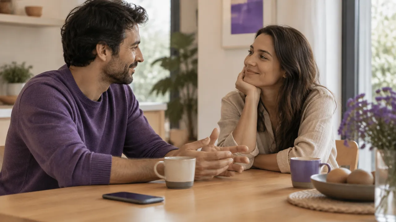 Duas pessoas conversam com atenção enquanto um celular permanece virado para baixo sobre a mesa