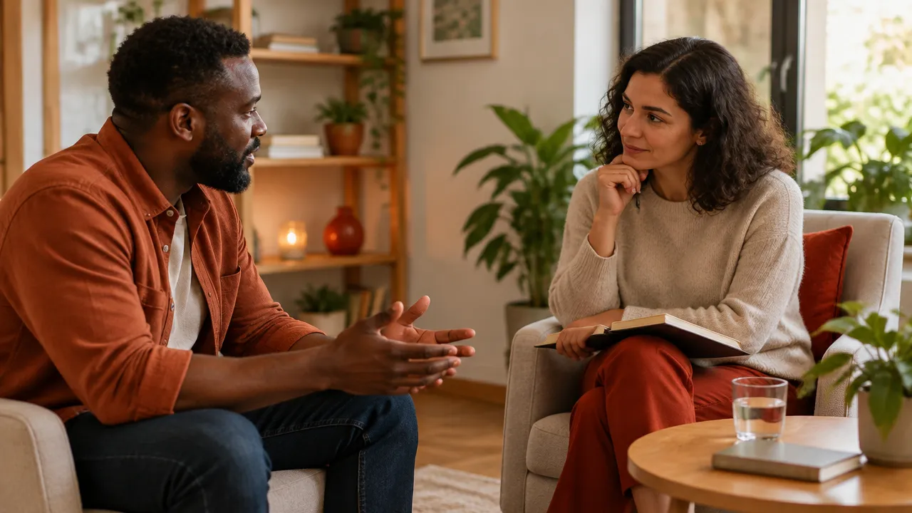 Duas pessoas conversam com atenção, ilustrando a busca de apoio durante uma prática de consciência