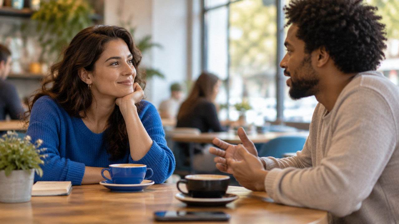 Duas pessoas conversam com atenção, ilustrando autonomia emocional com conexão e respeito