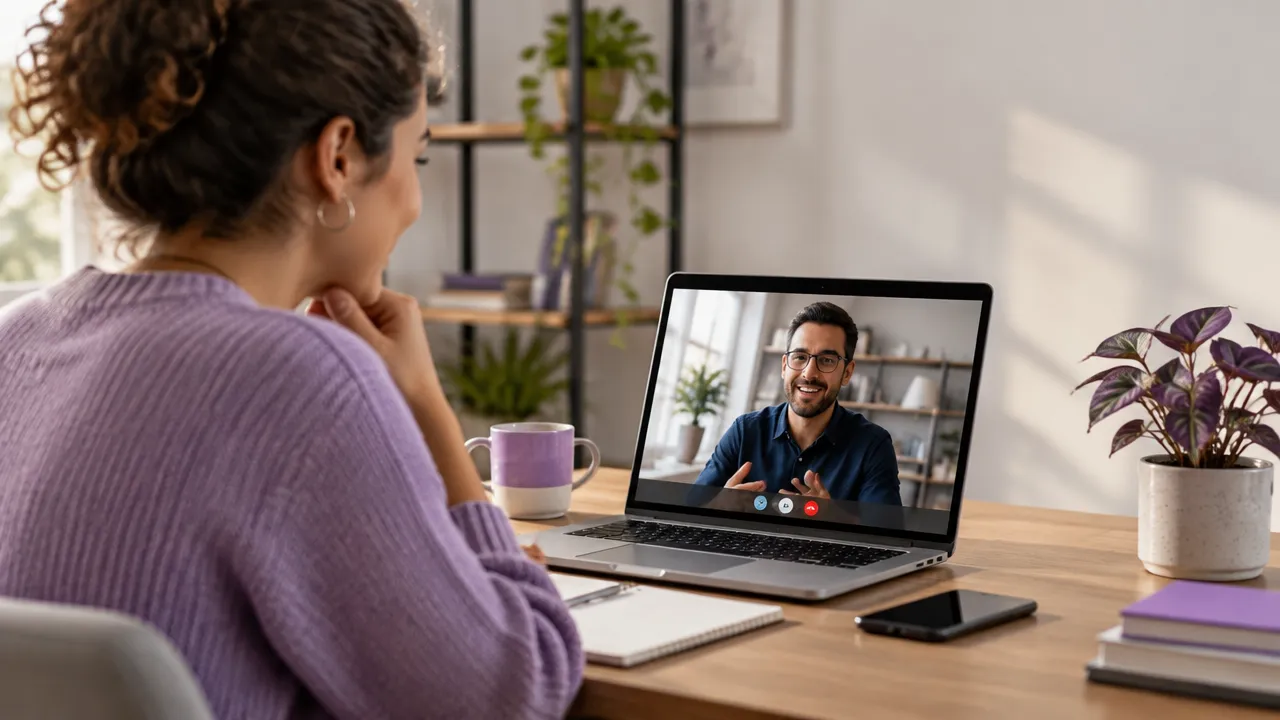 Duas pessoas conversam com atenção por videochamada em ambientes de trabalho tranquilos