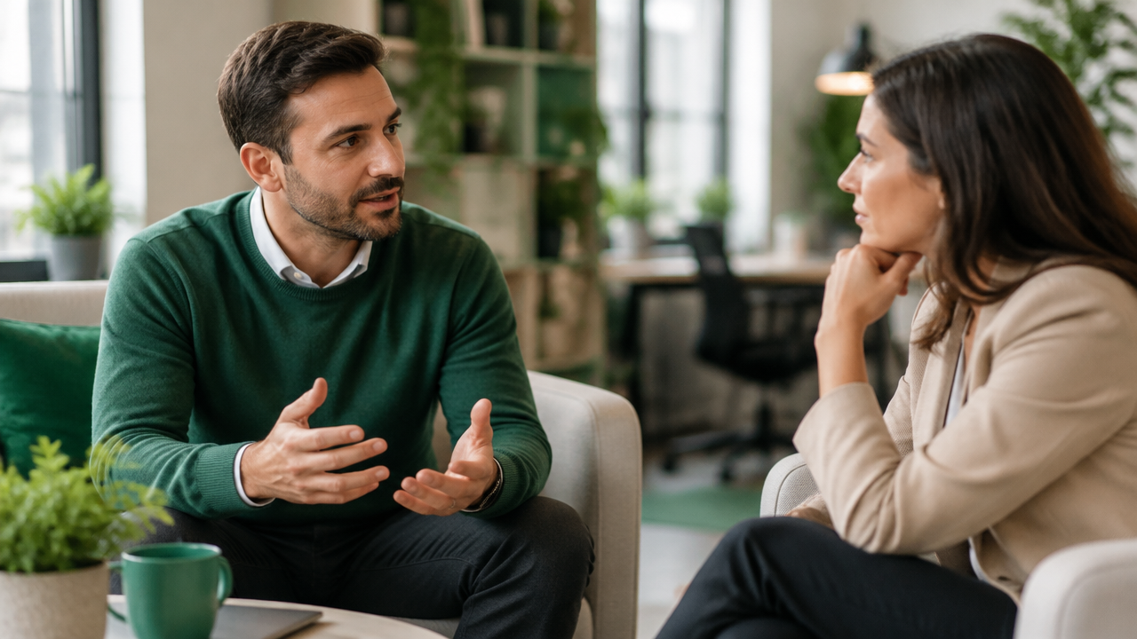 Duas pessoas conversam com atenção, postura natural e gestos coerentes em um ambiente profissional.