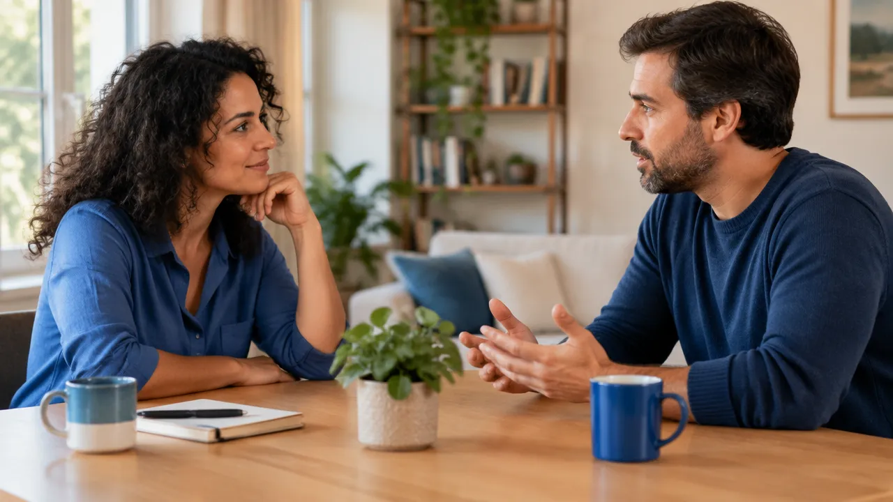 Duas pessoas conversam com atenção sobre compromissos e acordos conscientes em uma mesa
