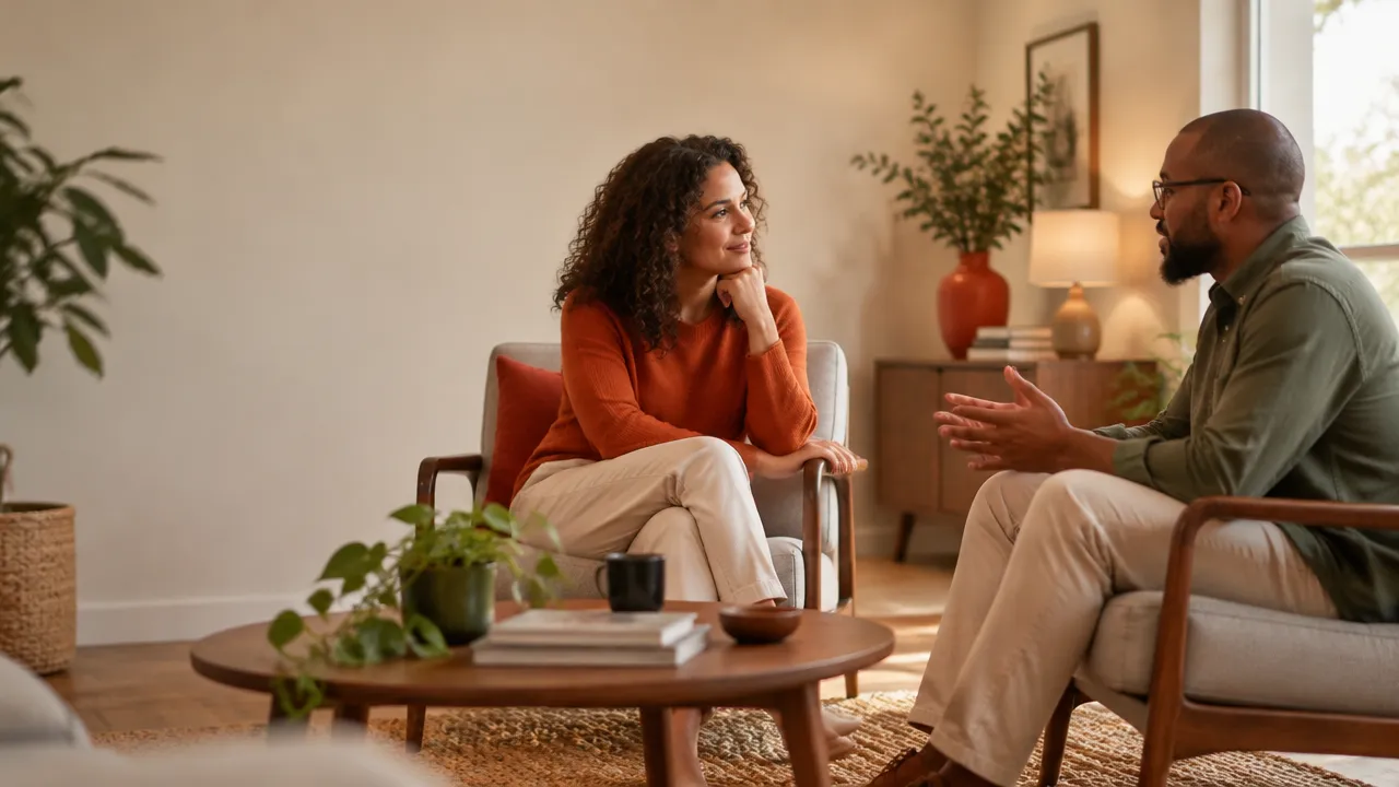 Duas pessoas conversam com calma e atenção, representando uma comunicação clara e respeitosa.