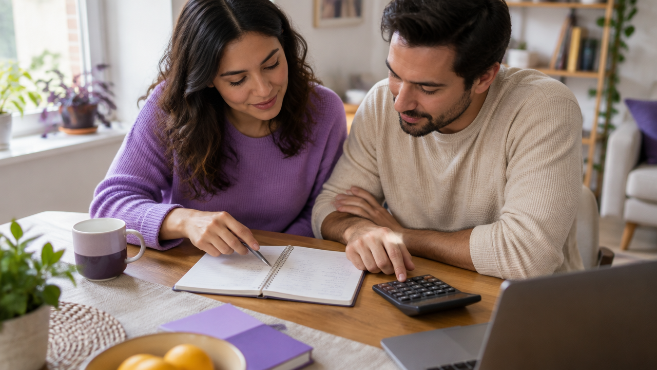Duas pessoas conversam com calma e organizam prioridades financeiras em um caderno sobre a mesa.