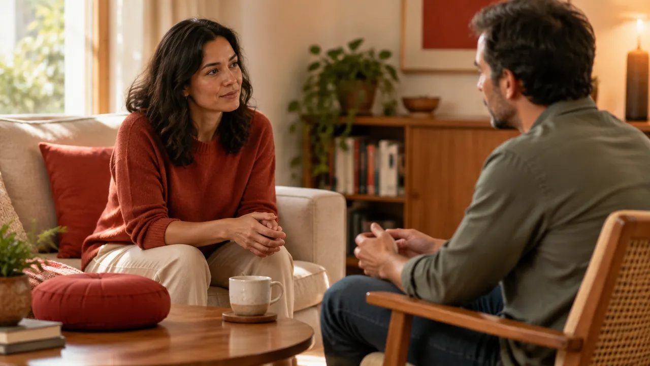 Duas pessoas conversam com calma em casa, com uma almofada de meditação próxima.