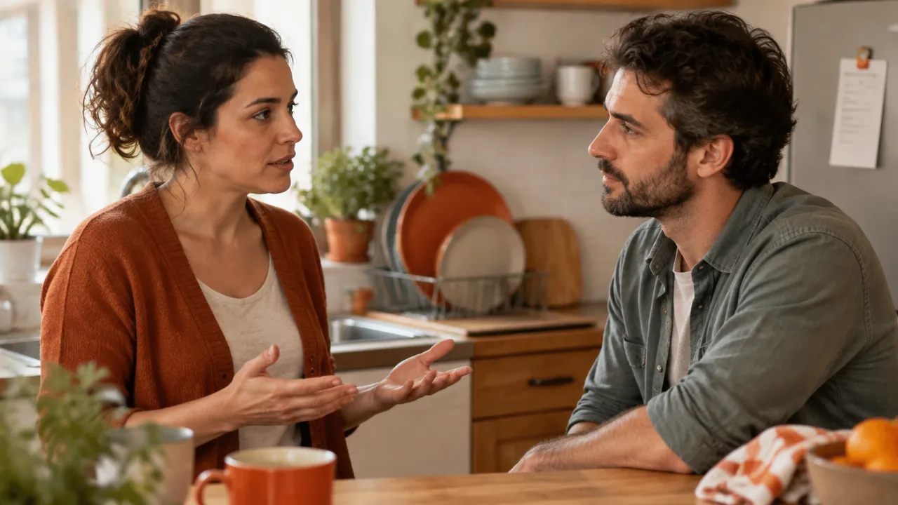 Duas pessoas conversam com calma sobre tarefas domésticas na cozinha