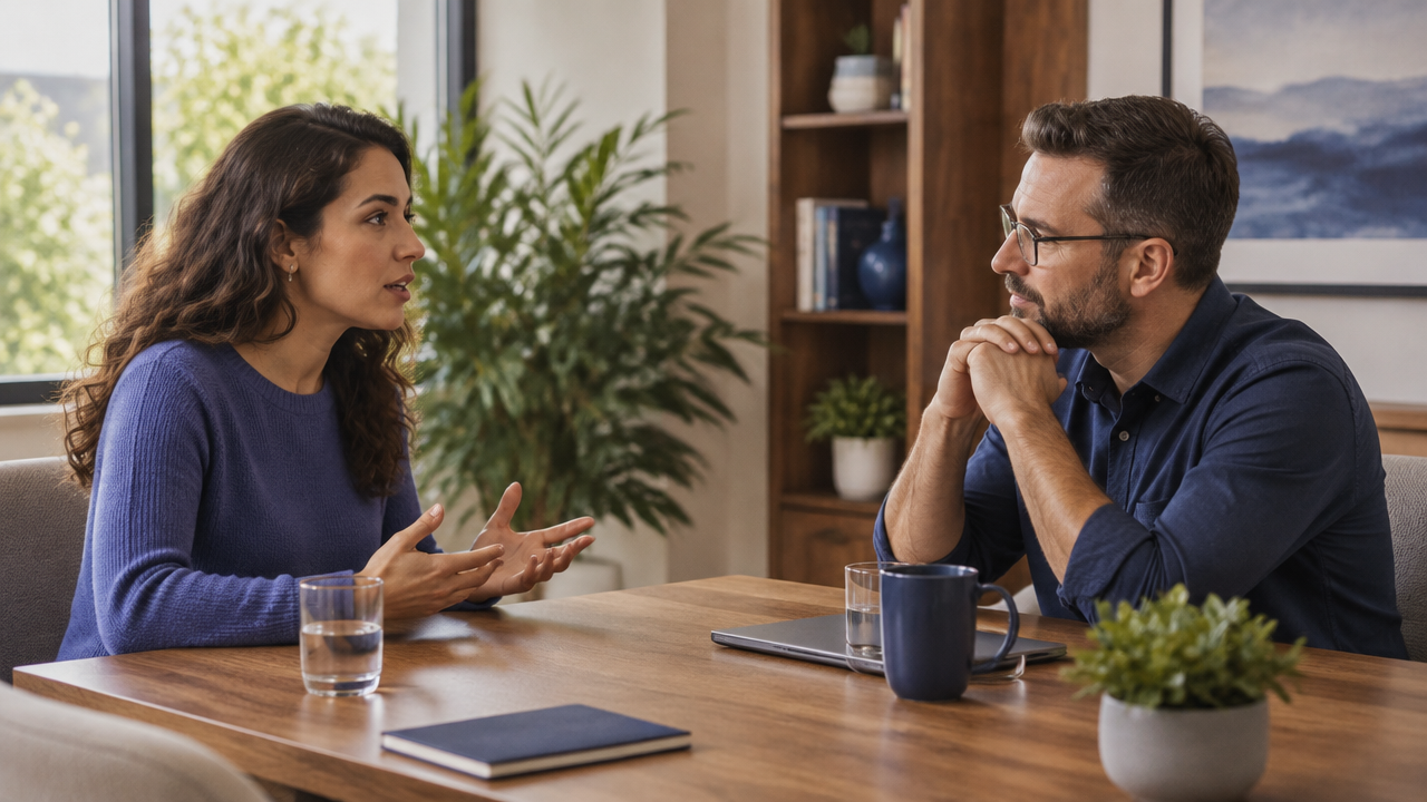 Duas pessoas conversam com escuta atenta e autorregulação emocional.