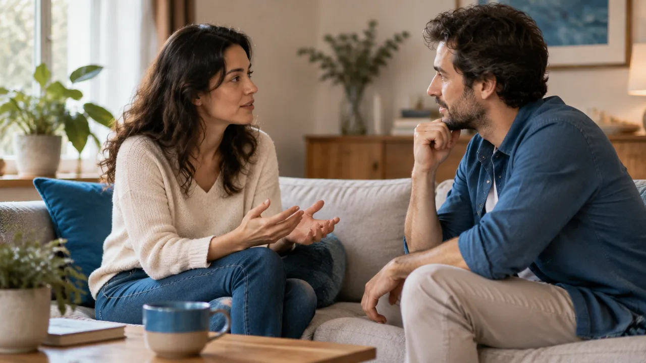 Duas pessoas conversam com escuta atenta e postura aberta, ilustrando segurança emocional e comunicação nas relações.