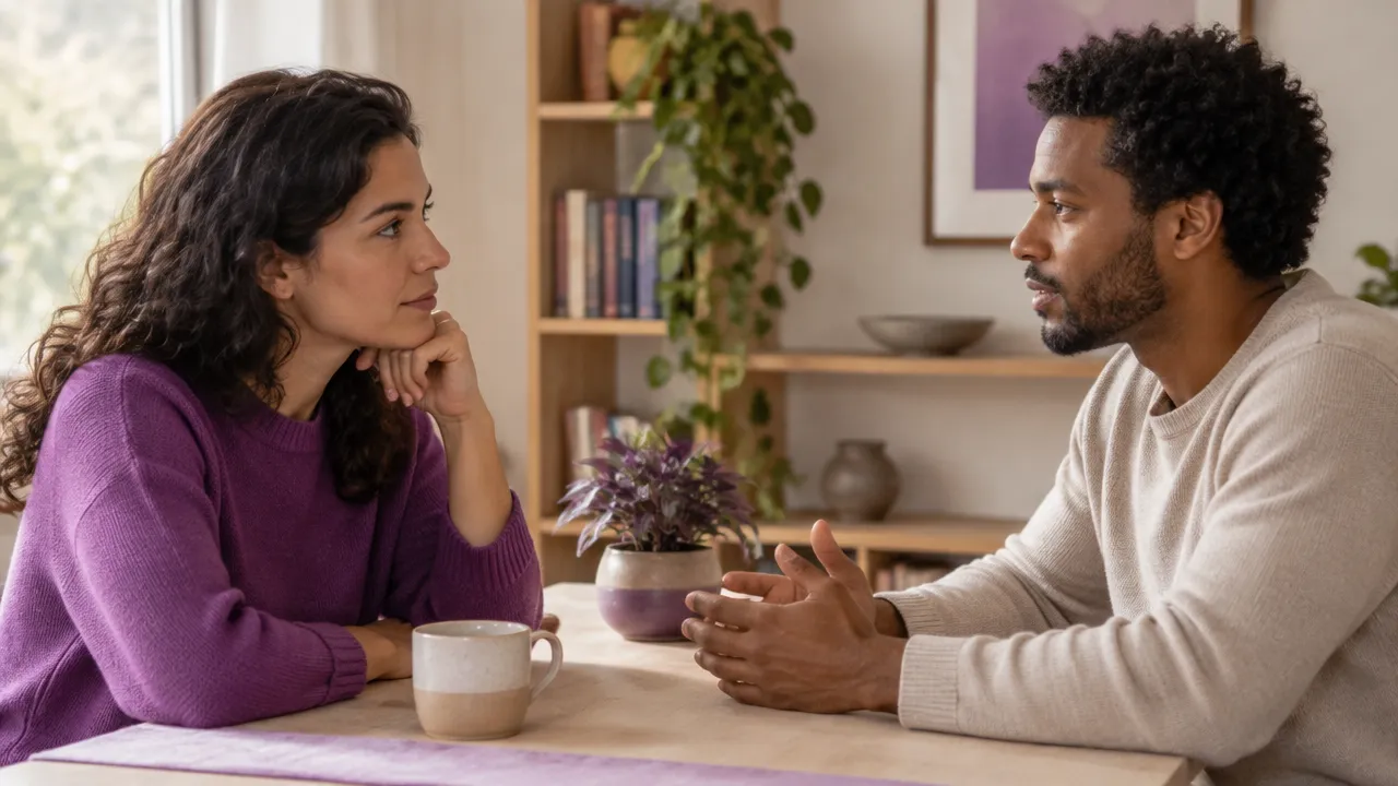 Duas pessoas conversam com escuta atenta e postura responsável para reparar o impacto de uma decisão.