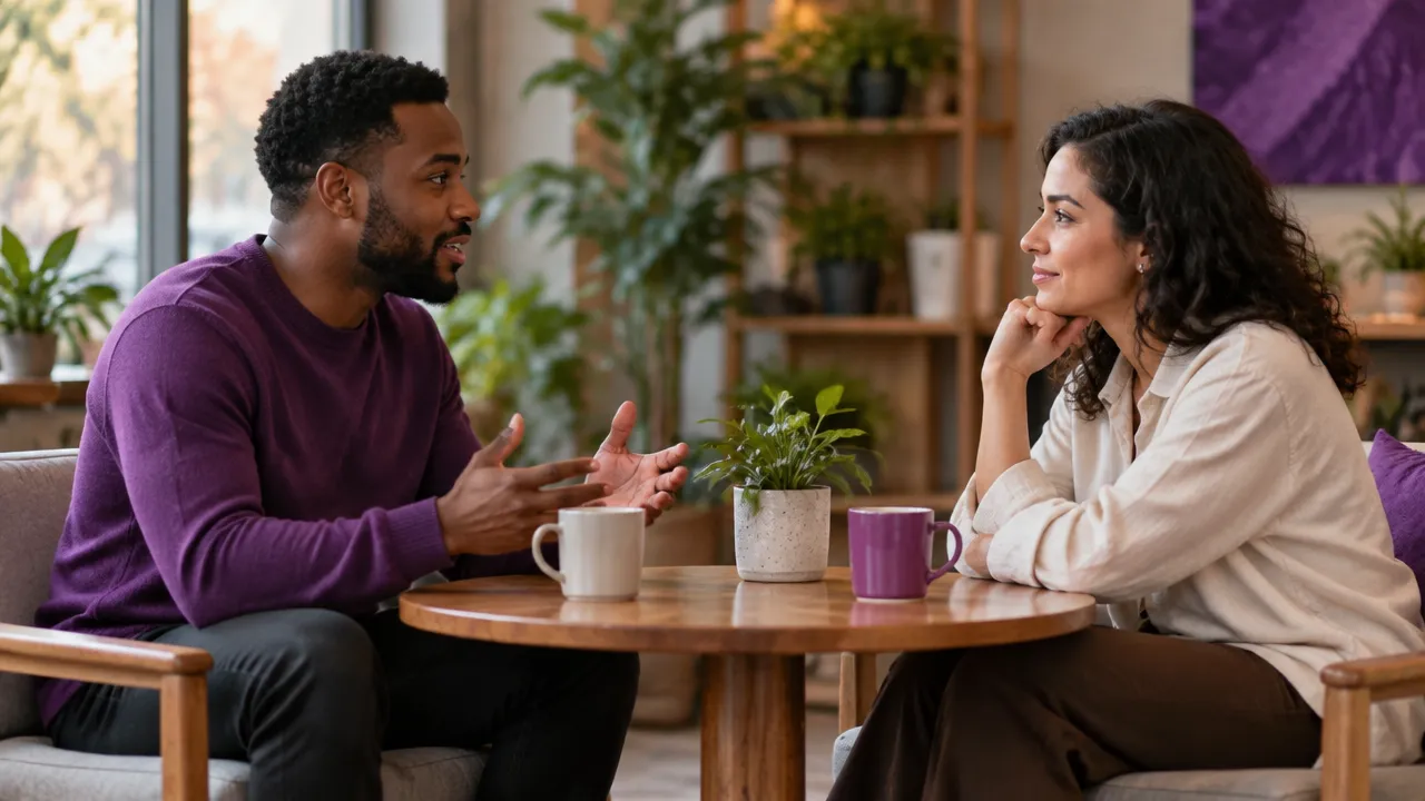 Duas pessoas conversam com escuta atenta e respeito ao espaço uma da outra.
