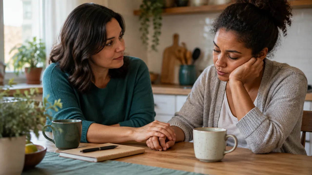 Duas pessoas conversam com escuta e presença em um momento de luto