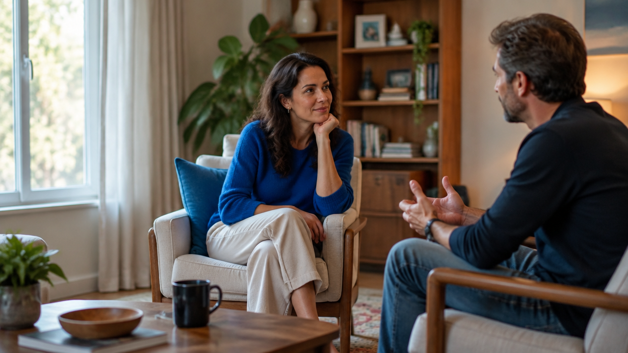 Duas pessoas conversam com presença e honestidade em um ambiente acolhedor