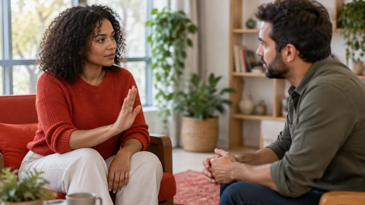 Duas pessoas conversam com respeito enquanto uma delas estabelece um limite saudável