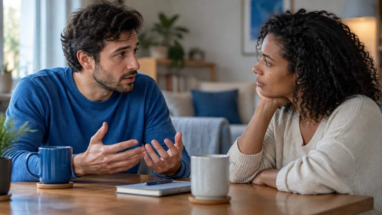 Duas pessoas conversam com respeito sobre reconhecer um erro e reparar seu impacto.
