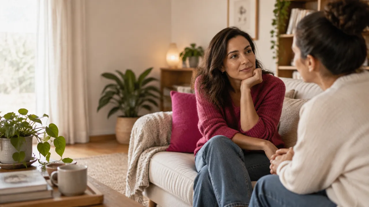 Duas pessoas conversam com sinceridade em um ambiente acolhedor, uma delas escuta com atenção