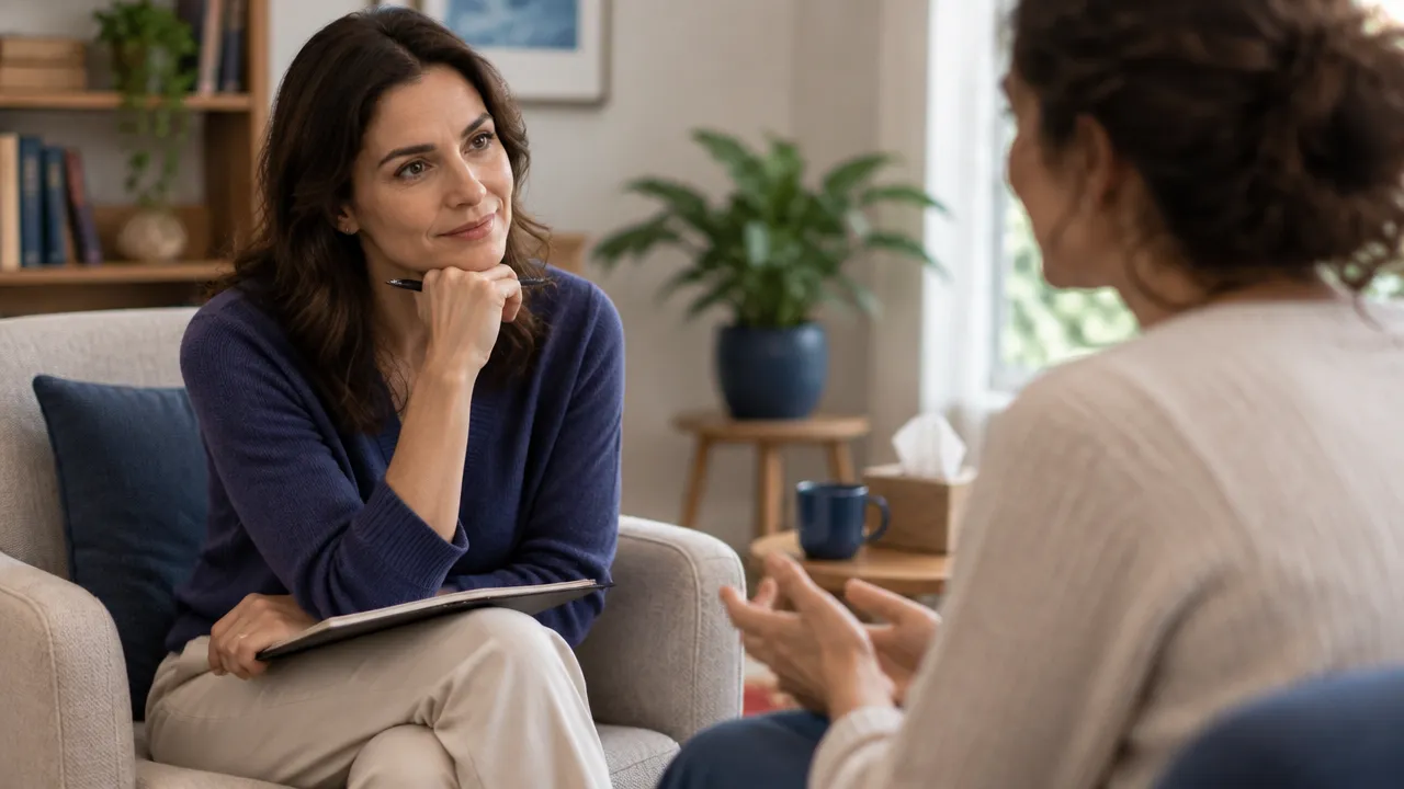Duas pessoas conversam em ambiente terapêutico, com atenção empática e escuta genuína.