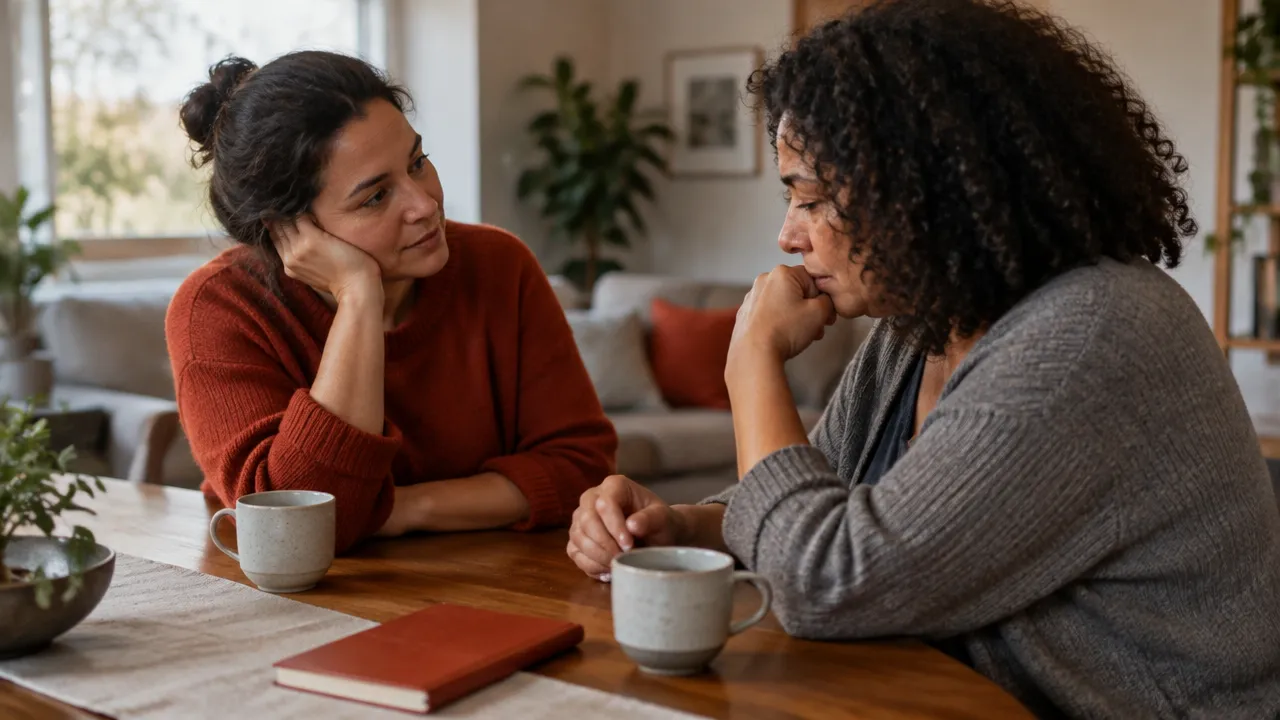 Duas pessoas conversam em ambiente tranquilo, uma oferecendo escuta e companhia a alguém enlutado.