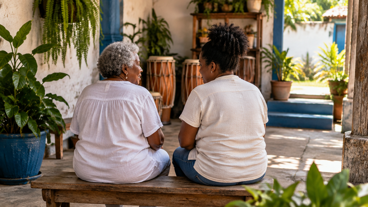 Duas pessoas conversam em um espaço comunitário com atabaques e plantas, representando a transmissão de saberes entre gerações.