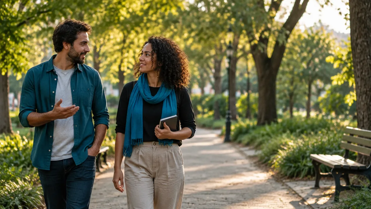 Duas pessoas conversam enquanto caminham em um parque, ilustrando conexão, presença e propósito no cotidiano