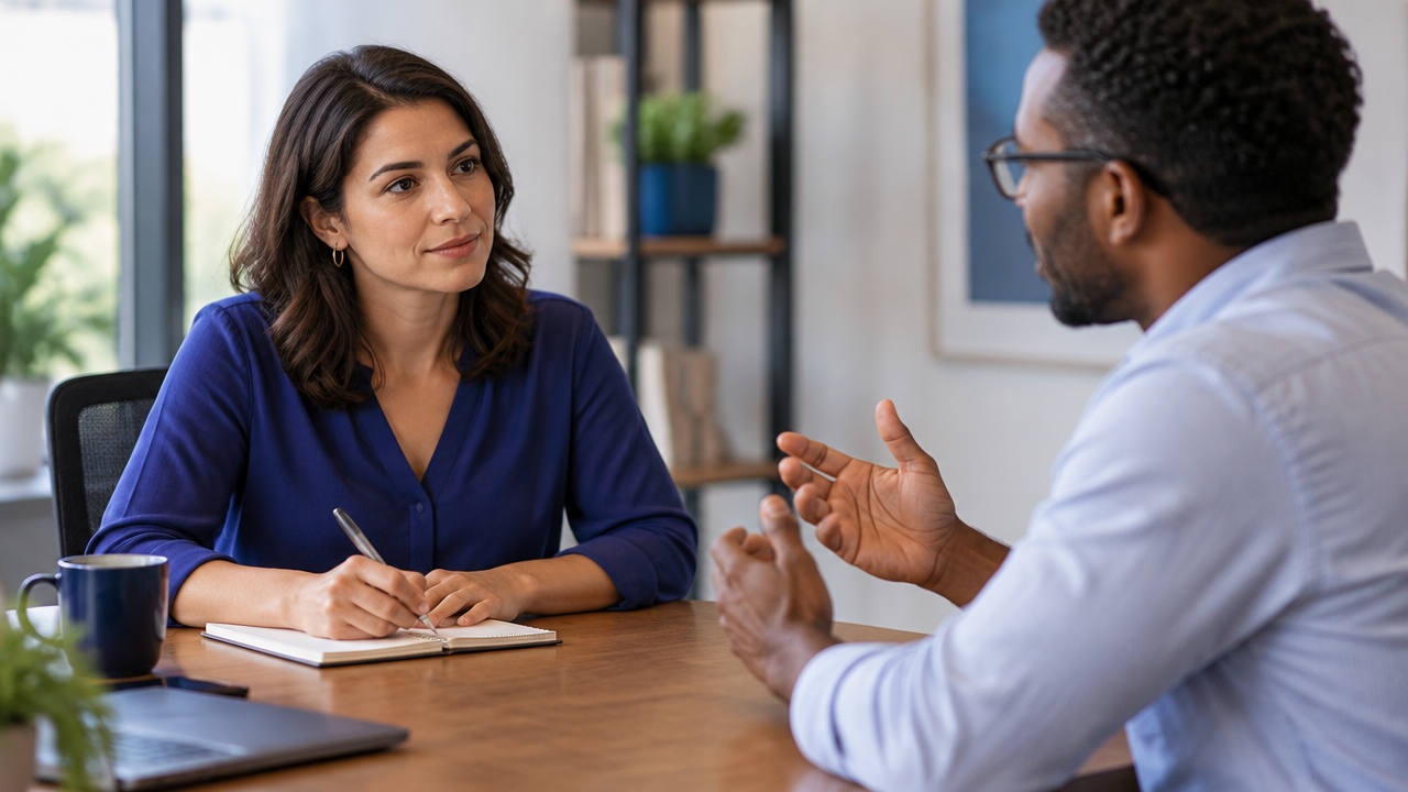 Duas pessoas conversam no trabalho enquanto uma escuta e anota pontos concretos do feedback