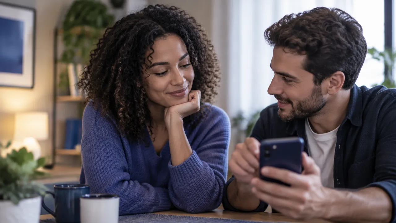 Duas pessoas conversam sobre consentimento antes de compartilhar uma foto pelo celular
